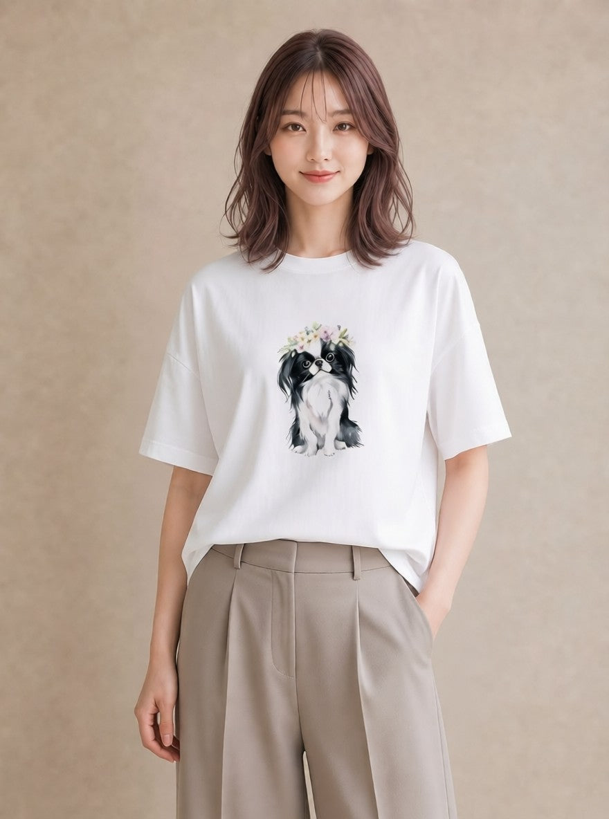 Tシャツ レディース 狆 犬 いぬ イラスト フェミニン ペアコーデ 秋コーデ 白T
