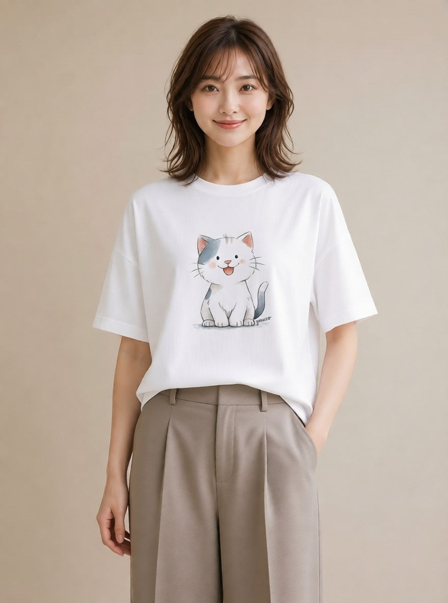 Tシャツ レディース ねこ 猫 ネコ イラスト きれいめ 20代 カジュアルコーデ 白T