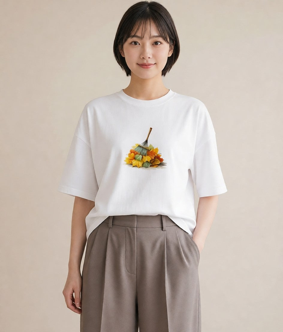 半袖Tシャツ レディース 落ち葉 植物 ボタニカル イラスト ラフ 綿100 デート 白T