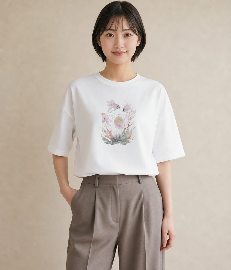 Tシャツ レディース くらげ クラゲ 海の生き物 海 イラスト こなれ感 週末コーデ 敬老の日 白T