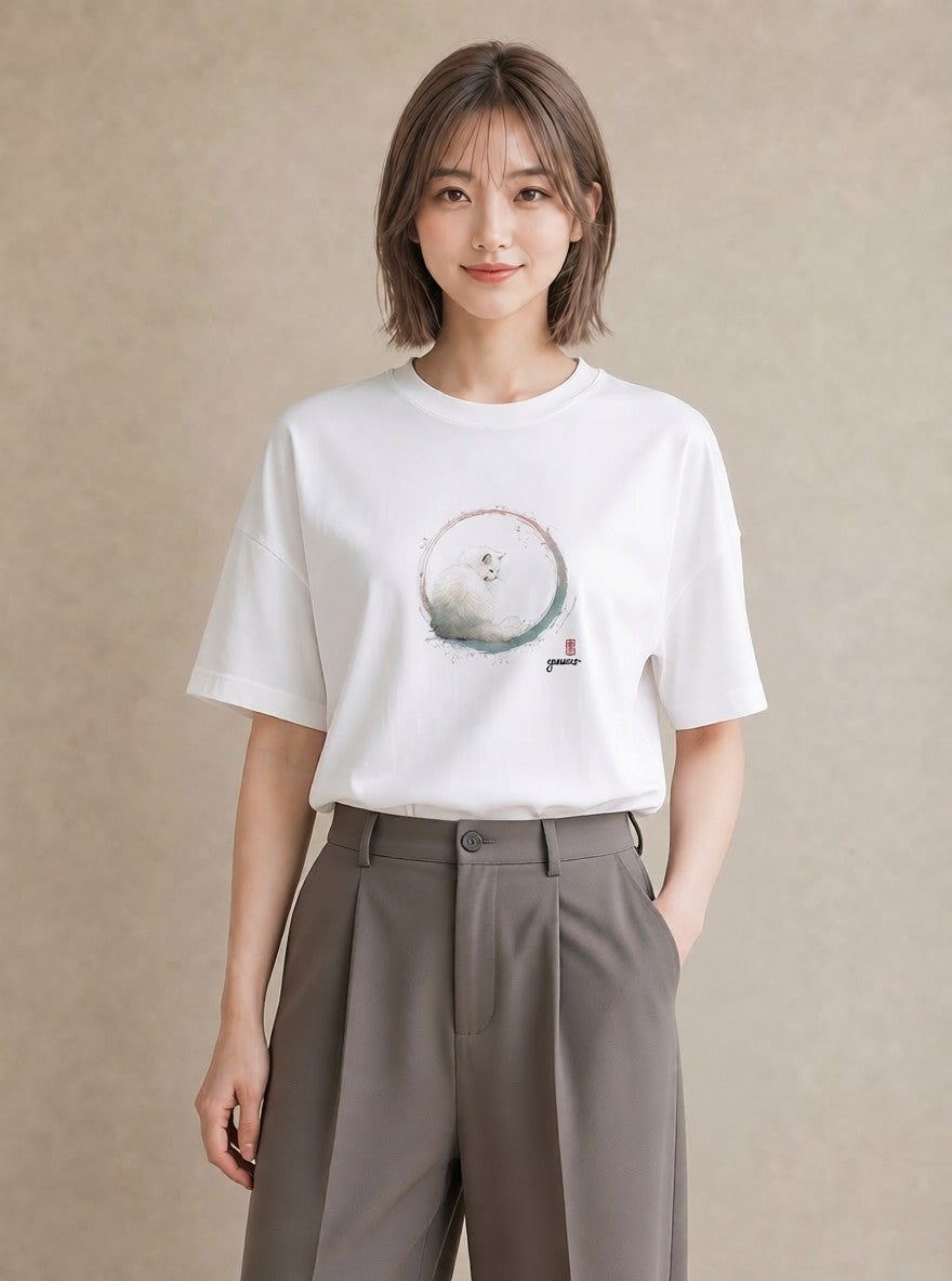 グラフィックTシャツ レディース ペルシャ 猫 ねこ イラスト 淡色 在宅 公園 白T