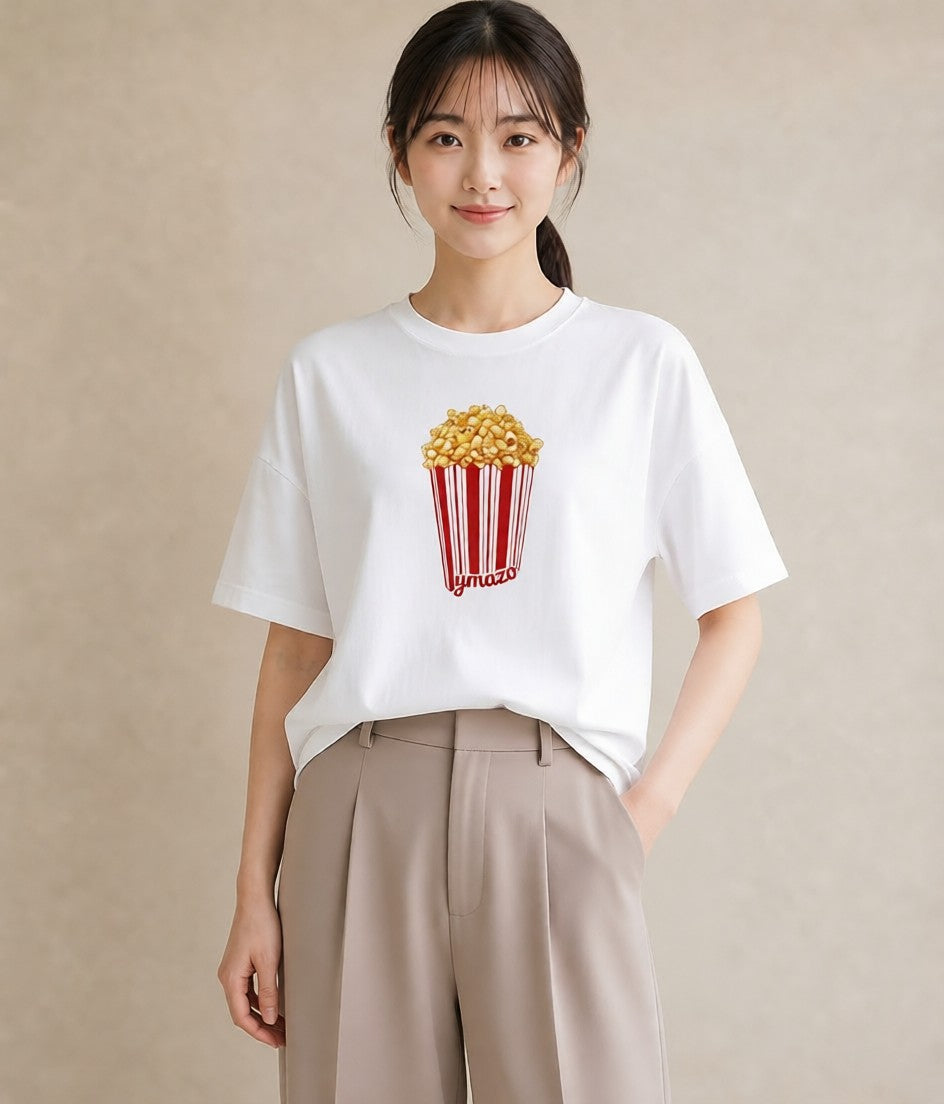 Tシャツ レディース ポップコーン 食べ物 フード イラスト 上品 春服 ミセス 白T