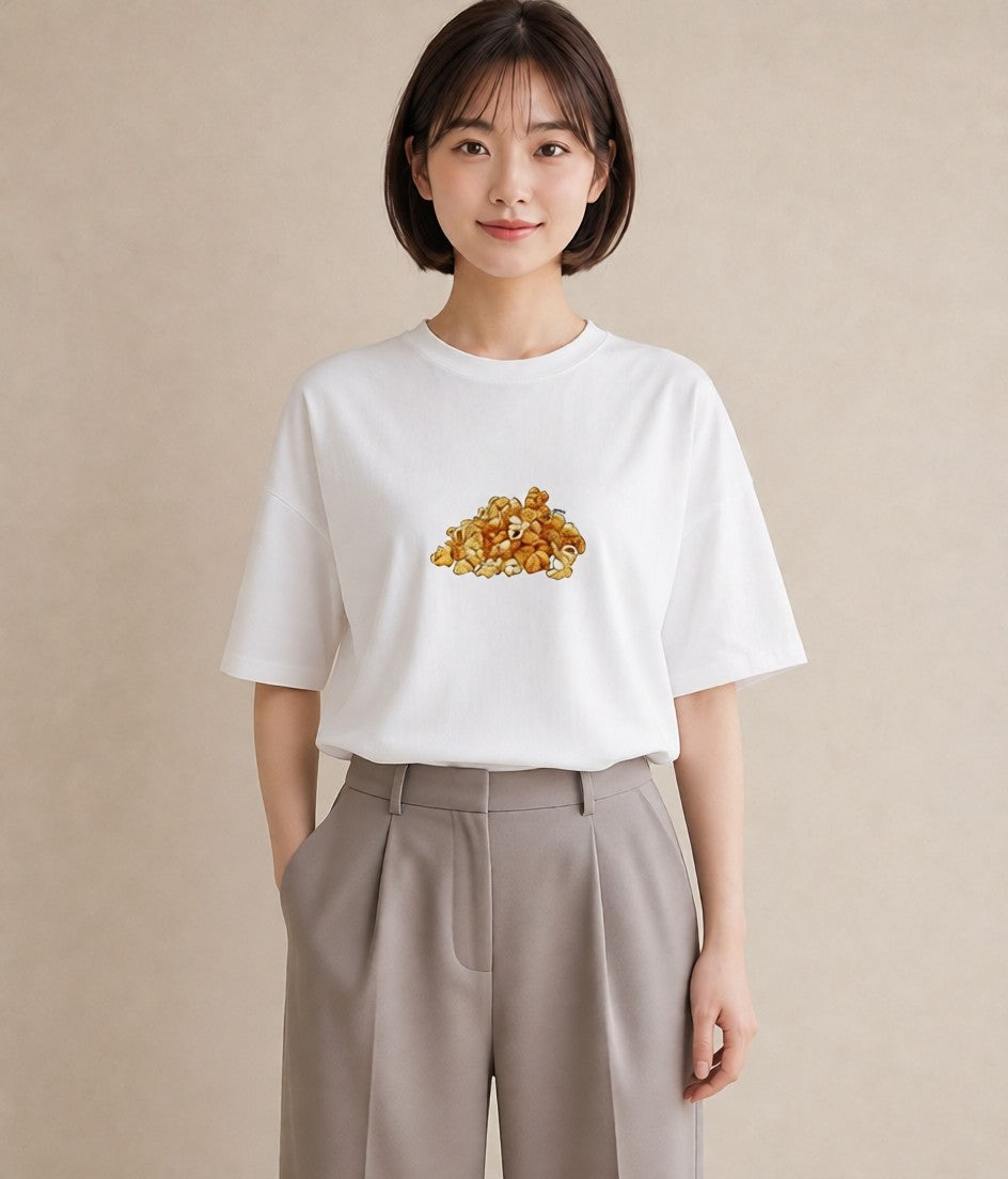 プリントTシャツ レディース ポップコーン 食べ物 フード イラスト 韓国風 旅行 母娘コーデ 白T