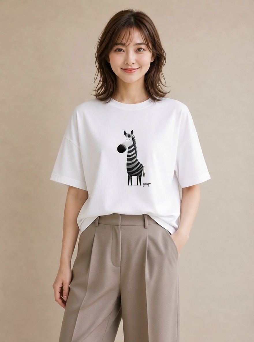 半袖Tシャツ レディース しまうま 動物 アニマル イラスト 個性的 春服 ミセス 白T