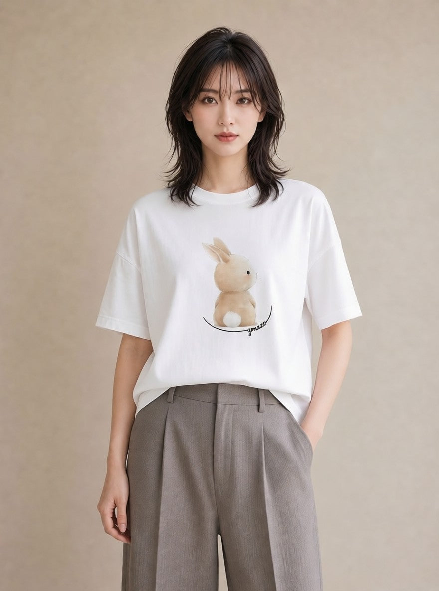 プリントTシャツ レディース うさちゃん ペット 動物 イラスト 韓国風 友達ギフト 部屋着 白T