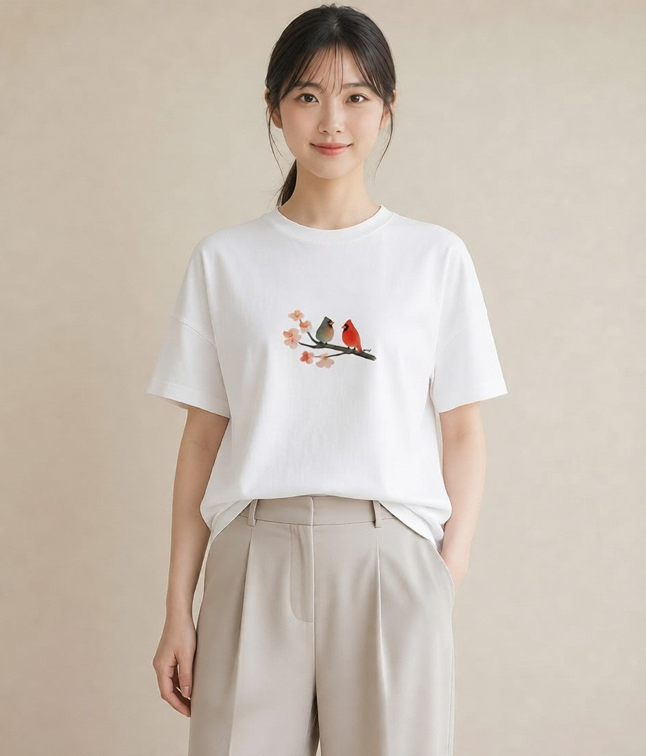 Tシャツ レディース 遠い家と鳥 風景 鳥 ナチュラル アンティーク イラスト 抜け感 母娘コーデ 自分用 白T