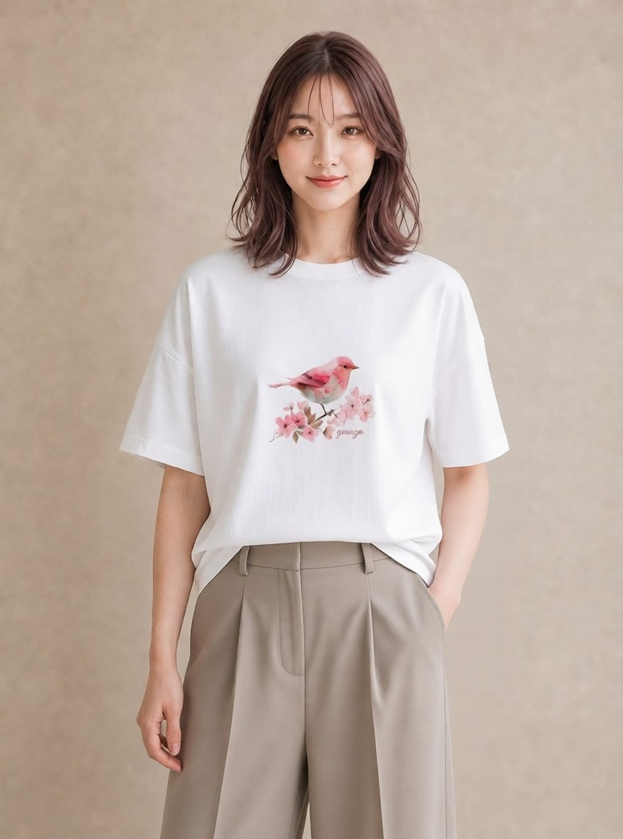 半袖Tシャツ レディース 小鳥 ペット 動物 イラスト 可愛い カジュアルコーデ 買い物 白T