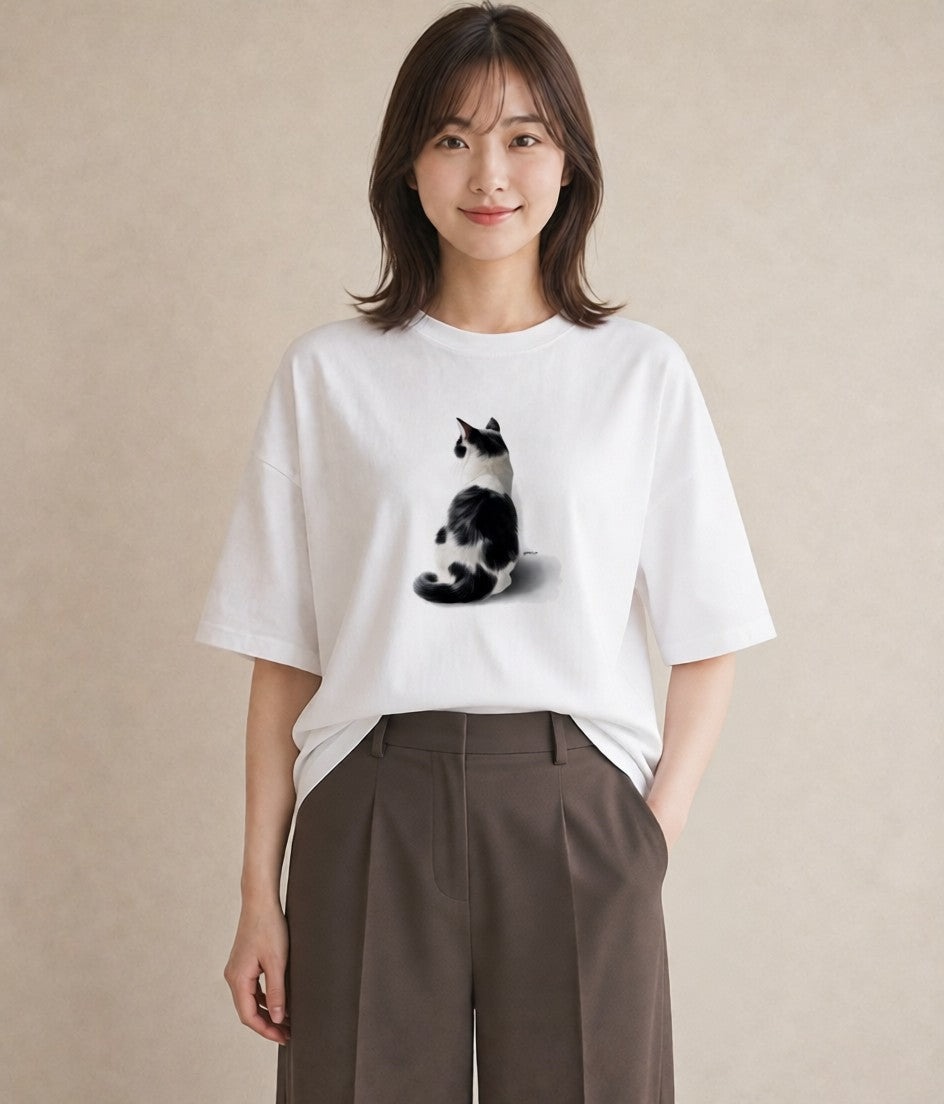 グラフィックTシャツ レディース 三毛猫 みけねこ 三毛 猫 ねこ イラスト アート風 海 カフェ巡り 白T