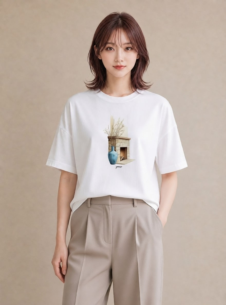 半袖Tシャツ レディース ガラス瓶 小枝 ボタニカル ナチュラル アンティーク イラスト 普段使い 旅行 母娘コーデ 白T