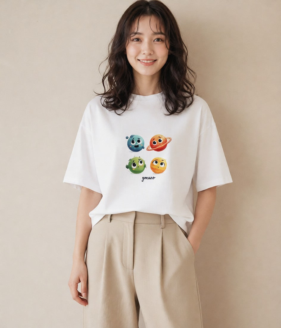 プリントTシャツ レディース 土星 星空 宇宙 イラスト 抜け感 春コーデ 姉妹 白T