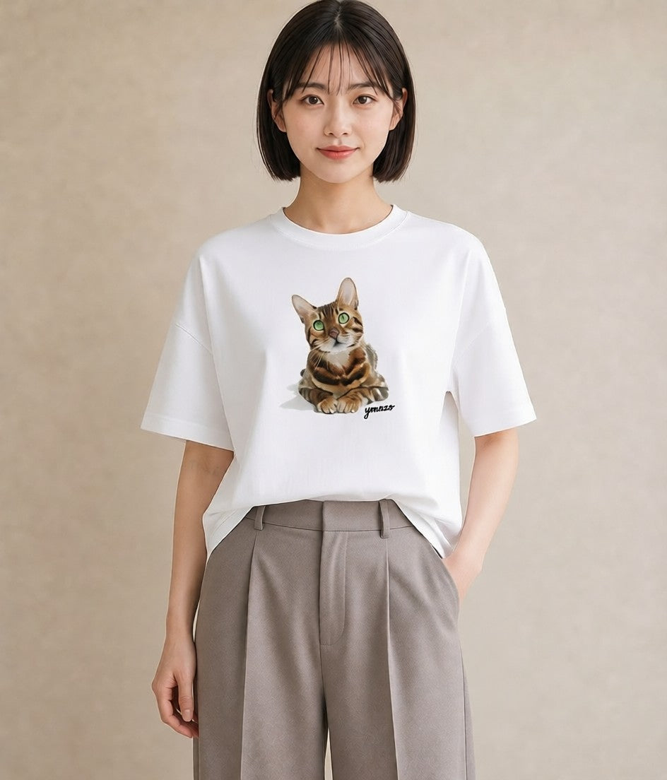 半袖Tシャツ レディース 猫好き 猫 ねこ イラスト きれいめ レイヤード 友達ギフト 白T