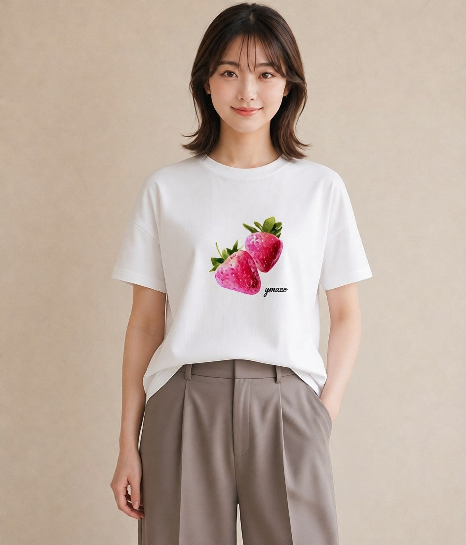 半袖Tシャツ レディース ショートケーキ 食べ物 フード イラスト 手描き風 お出かけ 普段着 白T