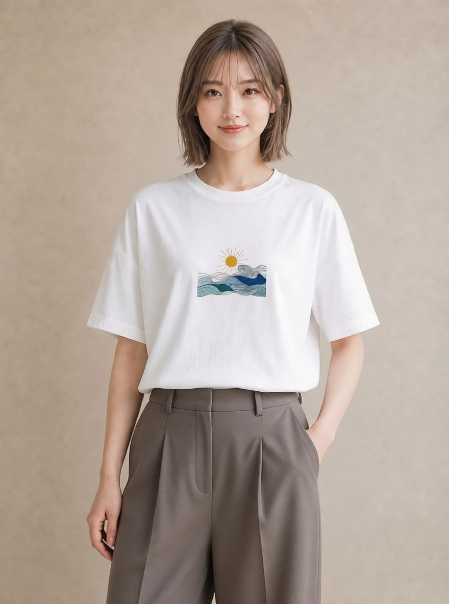 半袖Tシャツ レディース 海 リゾート 夏 イラスト 韓国風 レイヤード 友達ギフト 白T