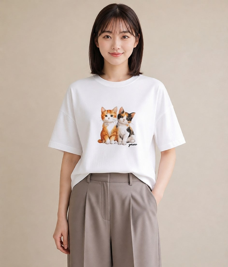 半袖Tシャツ レディース 子猫 猫 ねこ イラスト ガーリー 通勤 在宅 白T