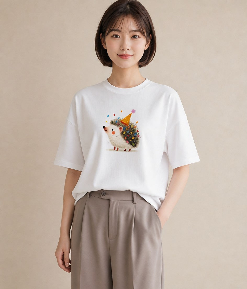 半袖Tシャツ レディース ハリネズミ ペット 動物 イラスト ガーリー 休日 ペアコーデ 白T