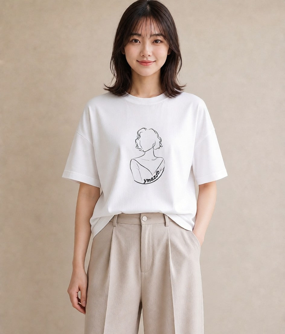 Tシャツ レディース 女の子 ガール 後ろ姿 イラスト こなれ感 ママ カフェ服 白T