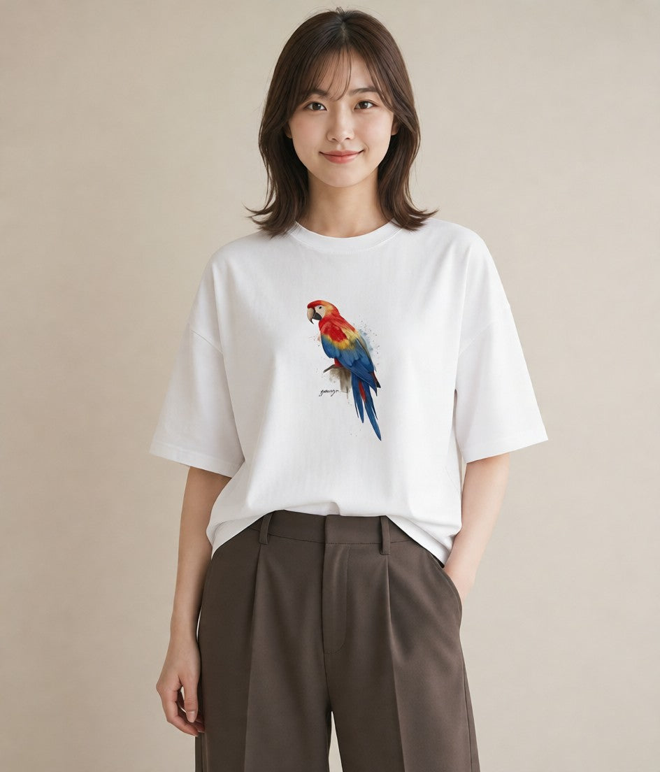半袖Tシャツ レディース ボタンインコ ペット 動物 イラスト 旅行コーデ レイヤード 友達ギフト 白T