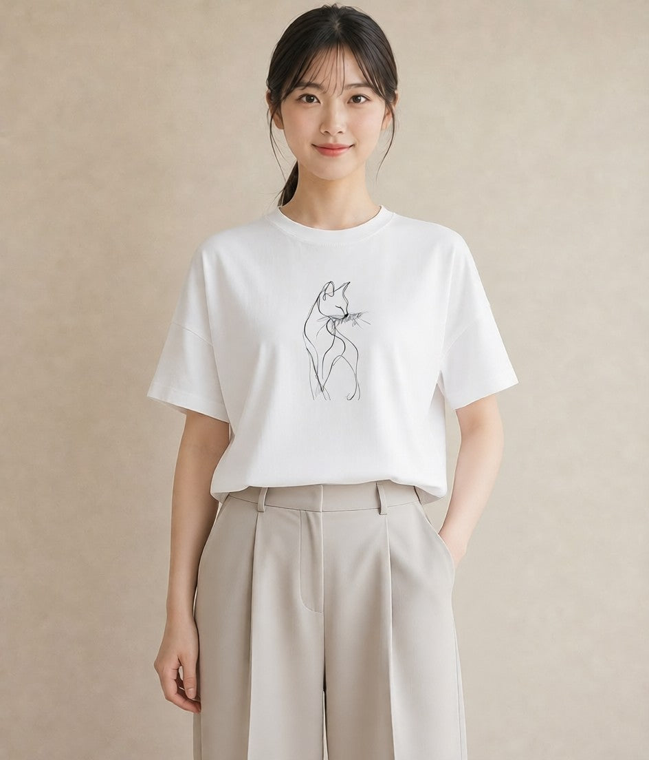 プリントTシャツ レディース 猫 ねこ ネコ イラスト 上品 社会人 女性 白T
