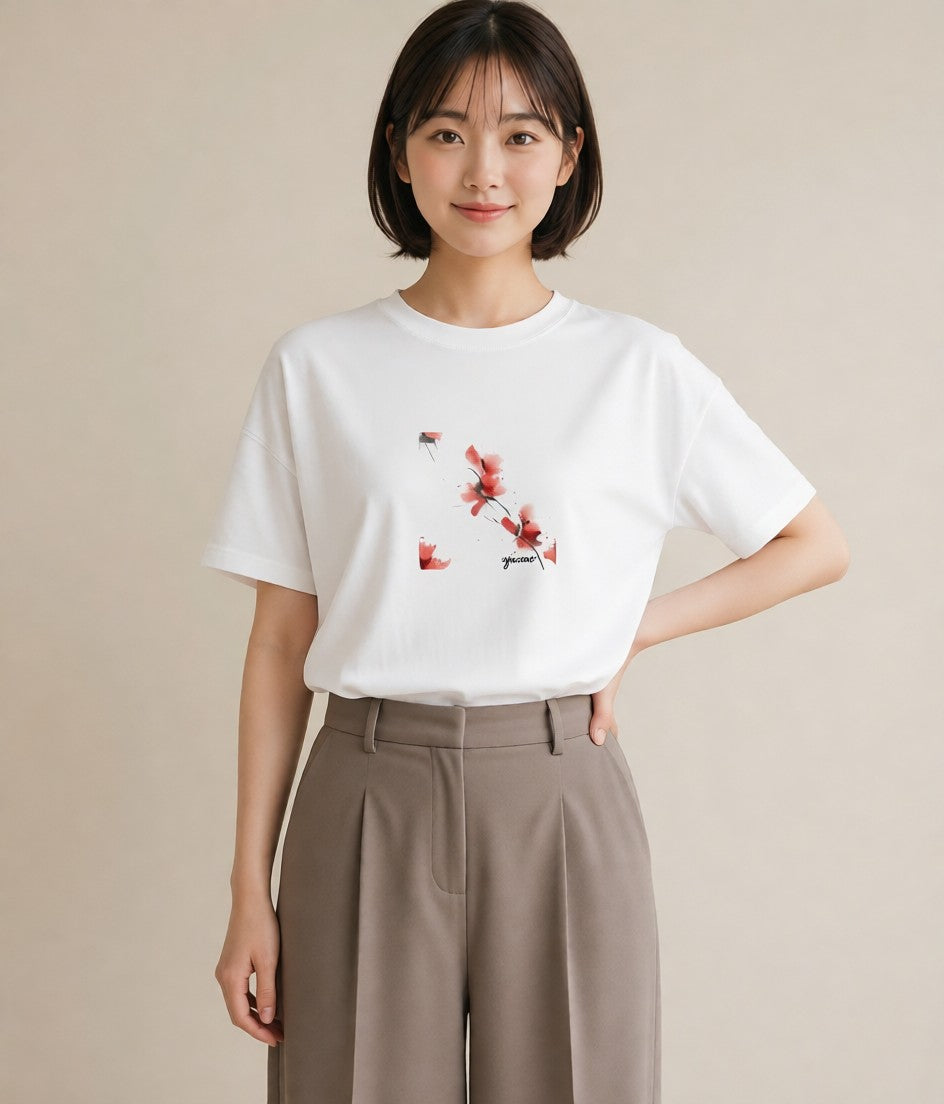 Tシャツ レディース 彼岸花 花 花柄 イラスト 水彩風 在宅 公園 白T