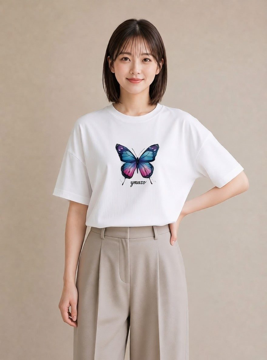 プリントTシャツ レディース ちょうちょ 蝶 バタフライ 昆虫 虫 イラスト 淡色 帰省 ラフ 白T