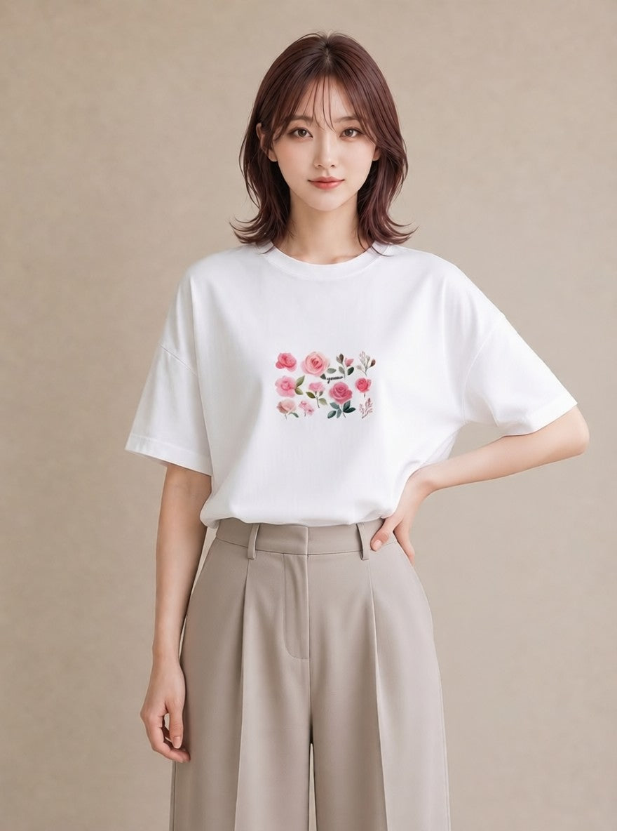 デザインTシャツ レディース バラ 薔薇 ローズ 花 花柄 イラスト ガーリー 散歩 お出かけ 白T