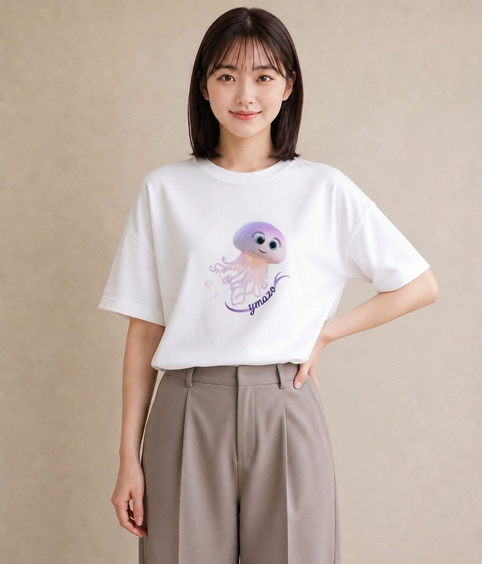 グラフィックTシャツ レディース イカ 海の生き物 海 イラスト ナチュラル 夏コーデ 通学 白T