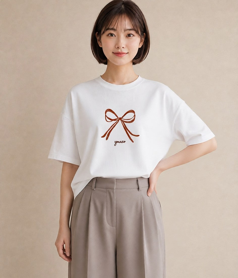Tシャツ レディース リボン ボウ りぼん イラスト ポップ ビーチ デイリーウェア 白T