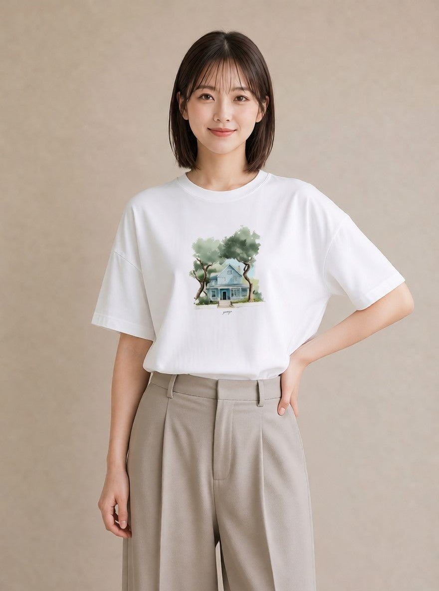 プリントTシャツ レディース 灯りの家 小屋 夜 ナチュラル アンティーク イラスト レイヤード 友達ギフト 白T