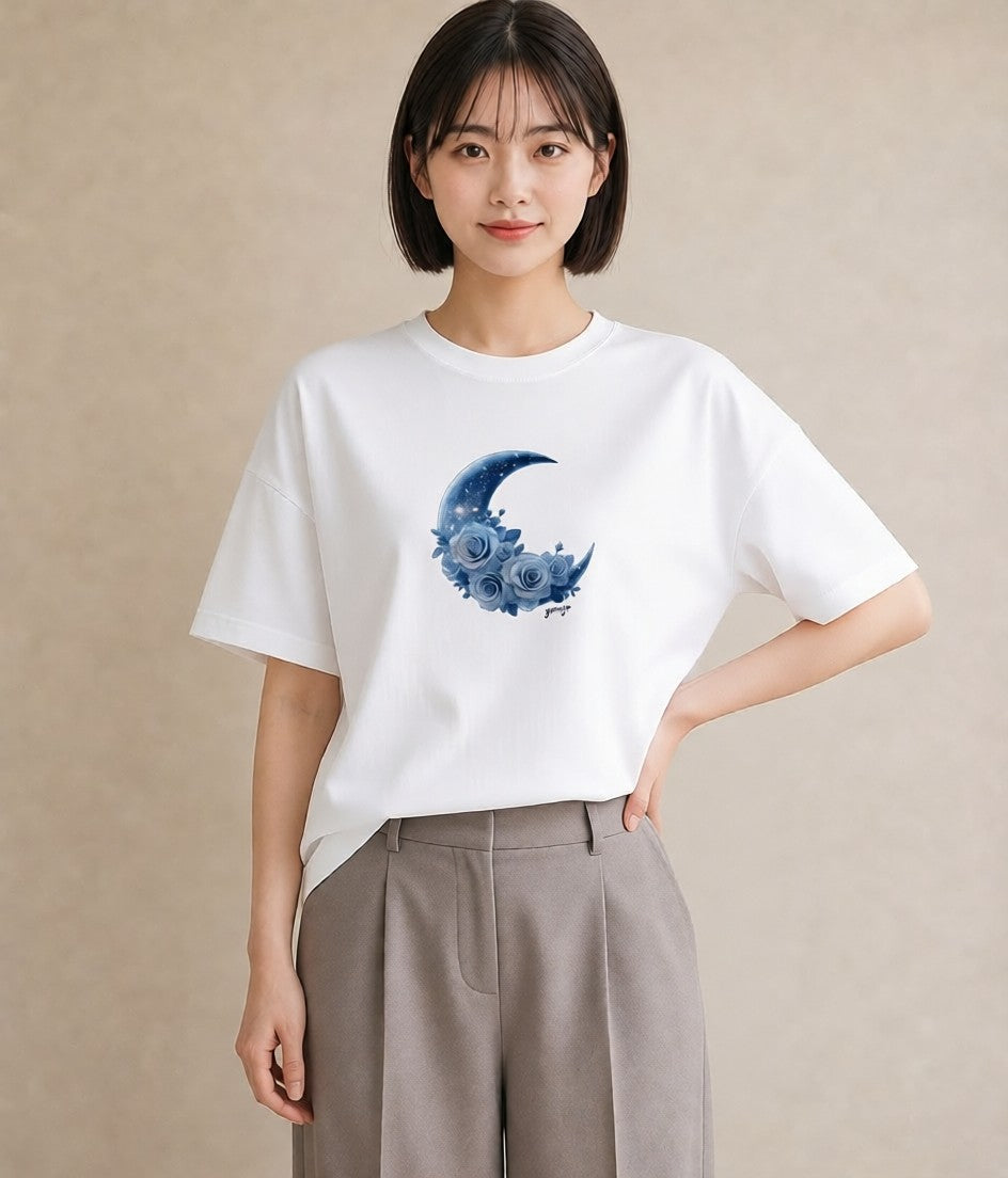 半袖Tシャツ レディース 月 星空 宇宙 イラスト お洒落 春服 ミセス 白T