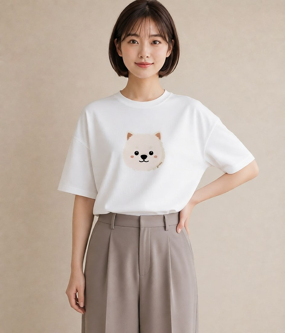 Tシャツ レディース 犬 いぬ イラスト ミニマル ペアコーデ 秋コーデ 白T