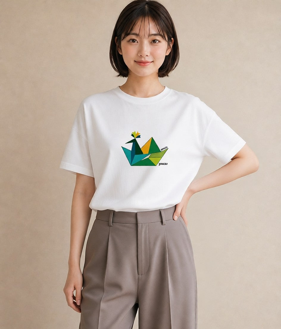 グラフィックTシャツ レディース 折り鶴 折り紙 ナチュラル アンティーク イラスト ニュアンス 送別ギフト 通勤 白T