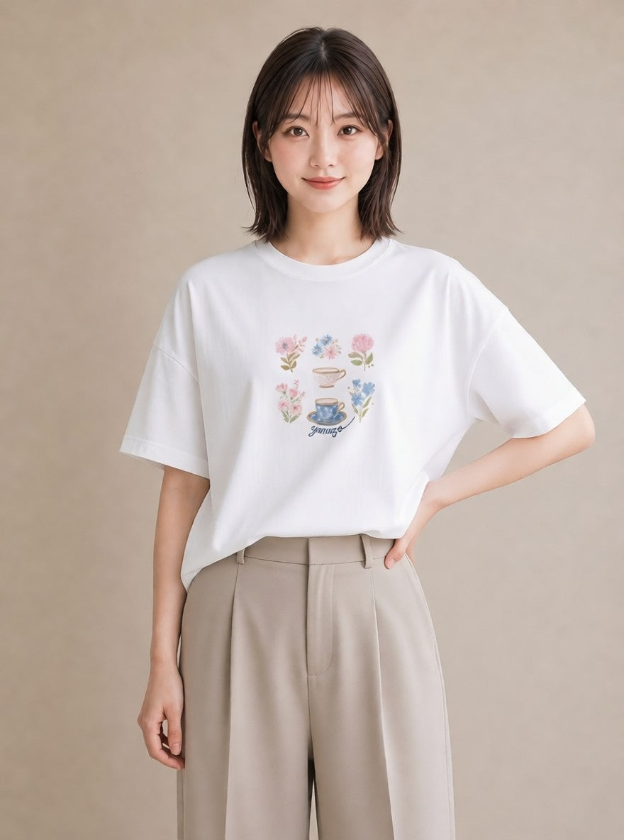 プリントTシャツ レディース ハーブティー 食べ物 フード イラスト 休日コーデ 夏コーデ 通学 白T