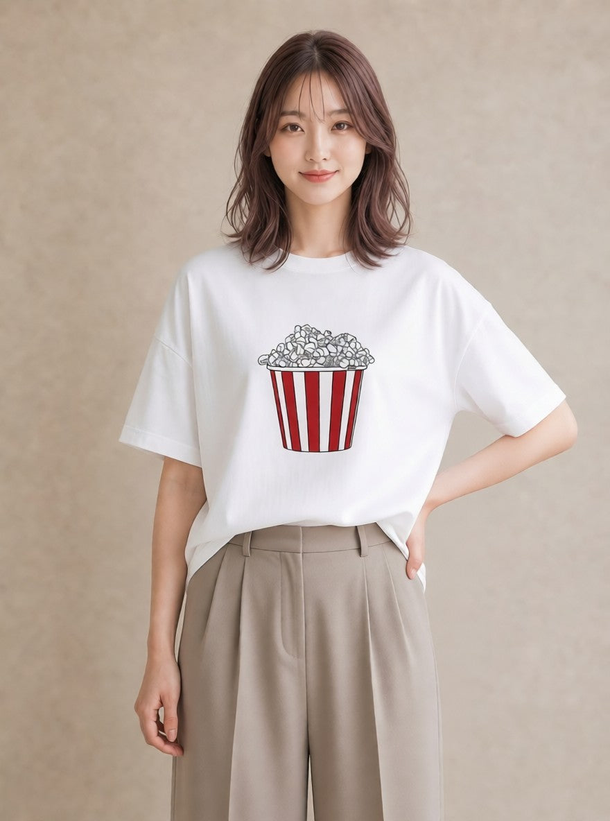 Tシャツ レディース ポップコーン 食べ物 フード イラスト 手描き風 女子会 お揃い 白T