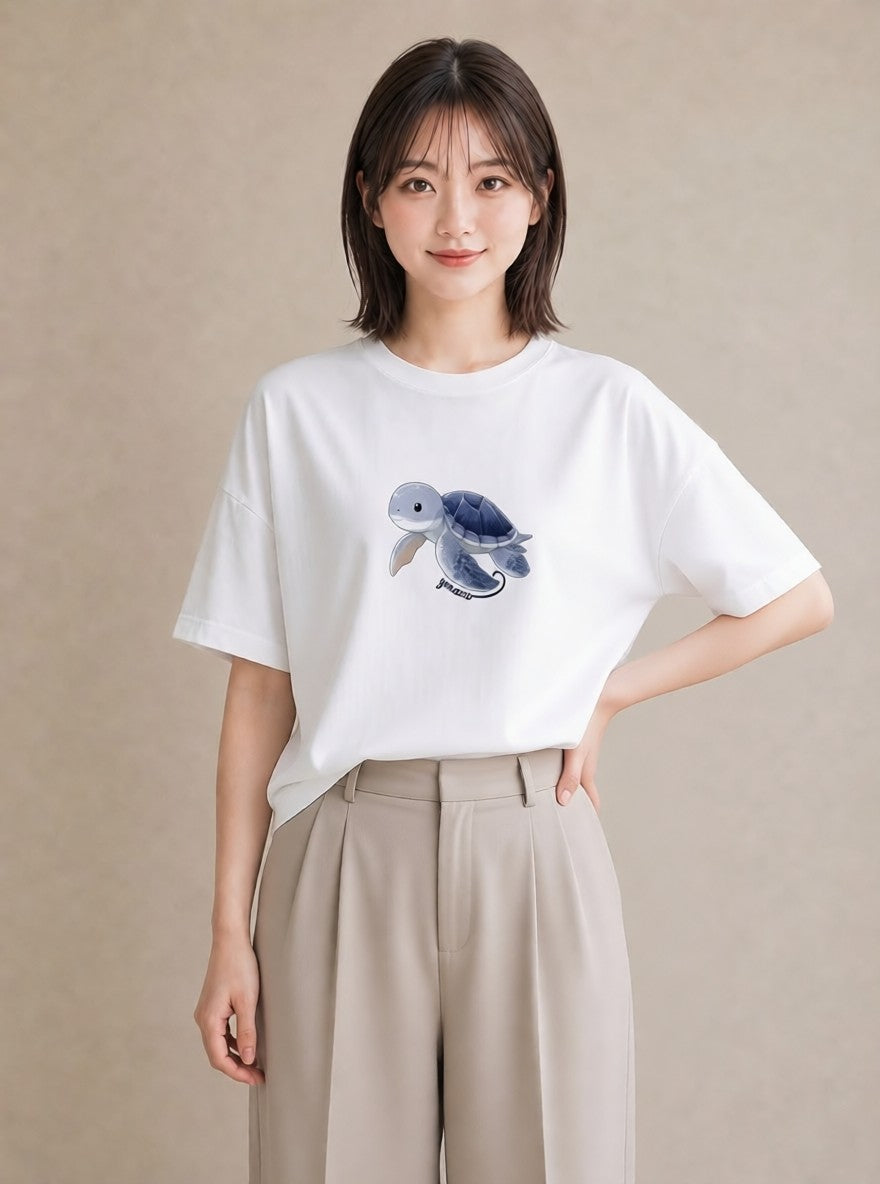 Tシャツ レディース ゼニガメ ペット 動物 イラスト お洒落 女性向けギフト 散歩 白T