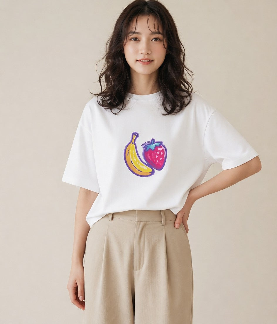 Tシャツ レディース バナナ 食べ物 フード イラスト 休日コーデ 公園 ママ 白T