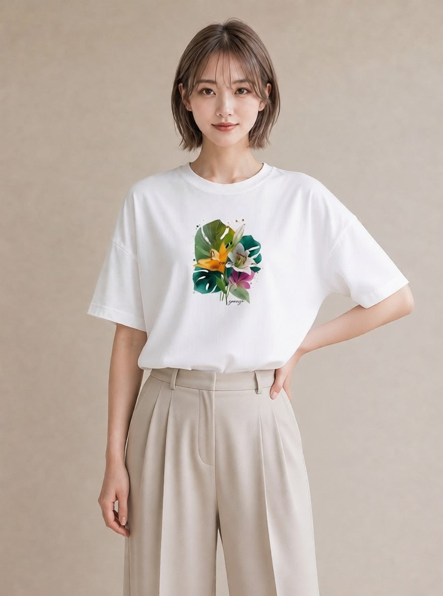 半袖Tシャツ レディース ゆり 百合 花 花柄 イラスト ニュアンス ラフ レイヤード 白T