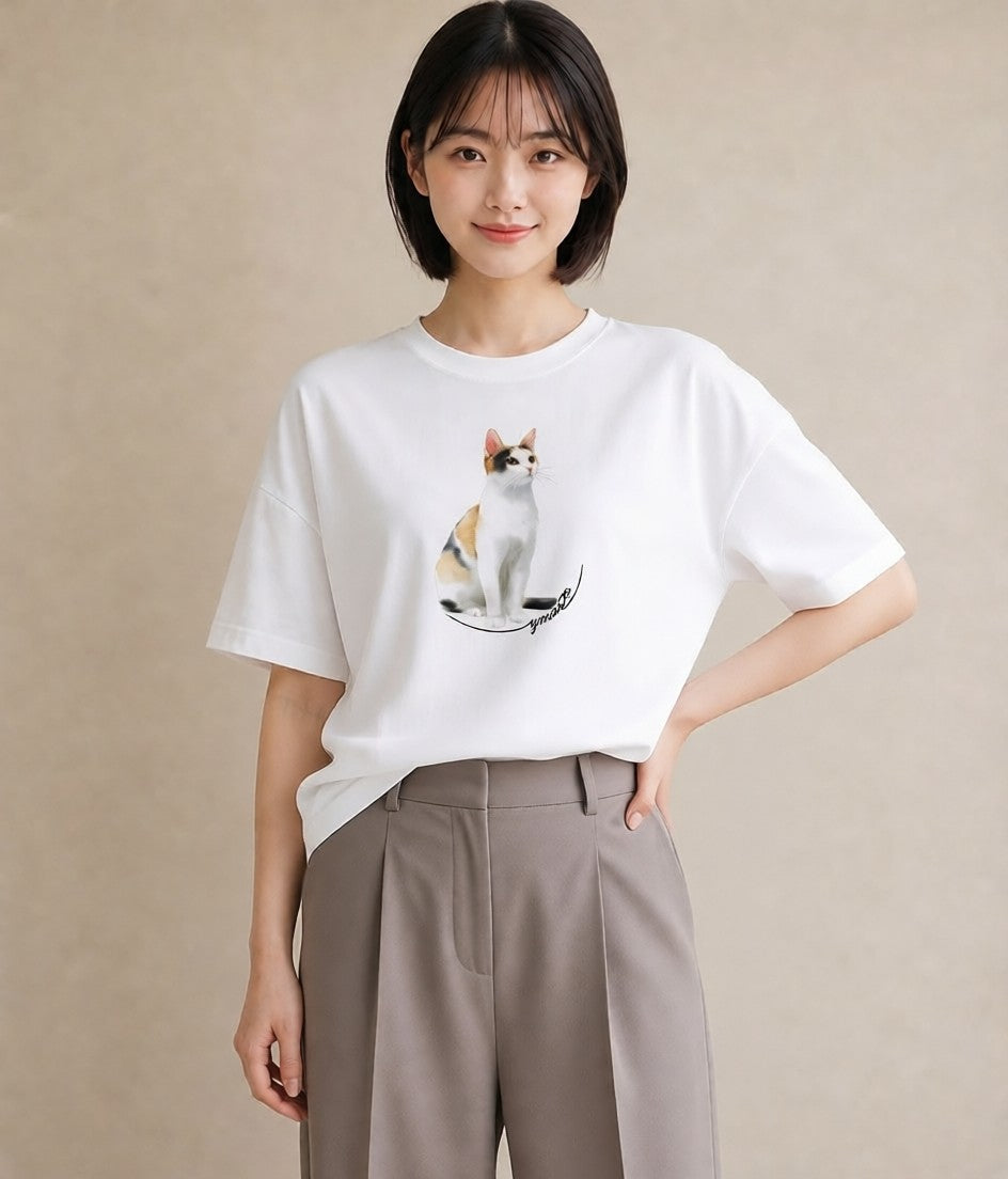 Tシャツ レディース 猫 ねこ イラスト ガーリー ペアコーデ 秋コーデ 白T