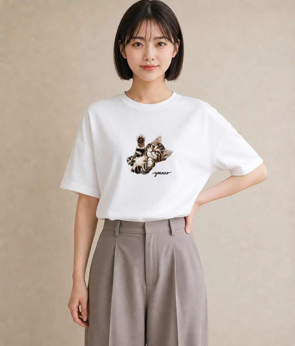 デザインTシャツ レディース 猫の手 猫 ねこ イラスト アート風 休日 ペアコーデ 白T