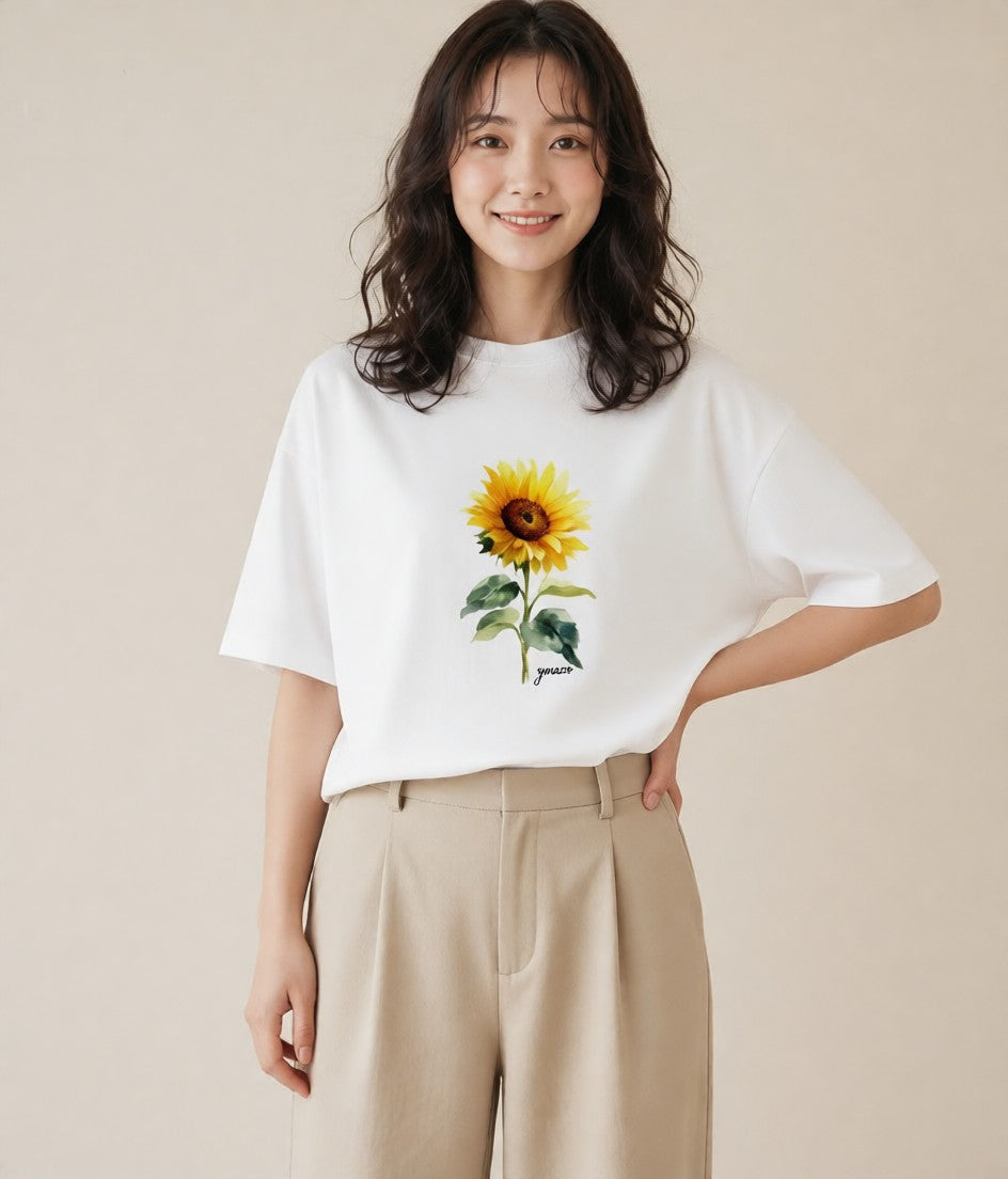 デザインTシャツ レディース ひまわり 向日葵 花 花柄 イラスト ゆるかわ 誕生日プレゼント 綿100 白T