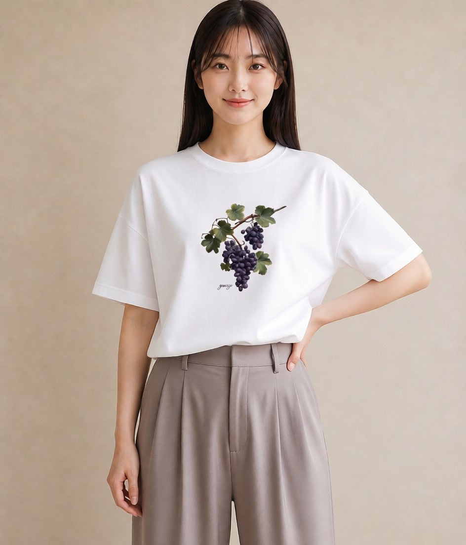 デザインTシャツ レディース ぶどう 葡萄 食べ物 フード イラスト カジュアル ママ カフェ服 白T