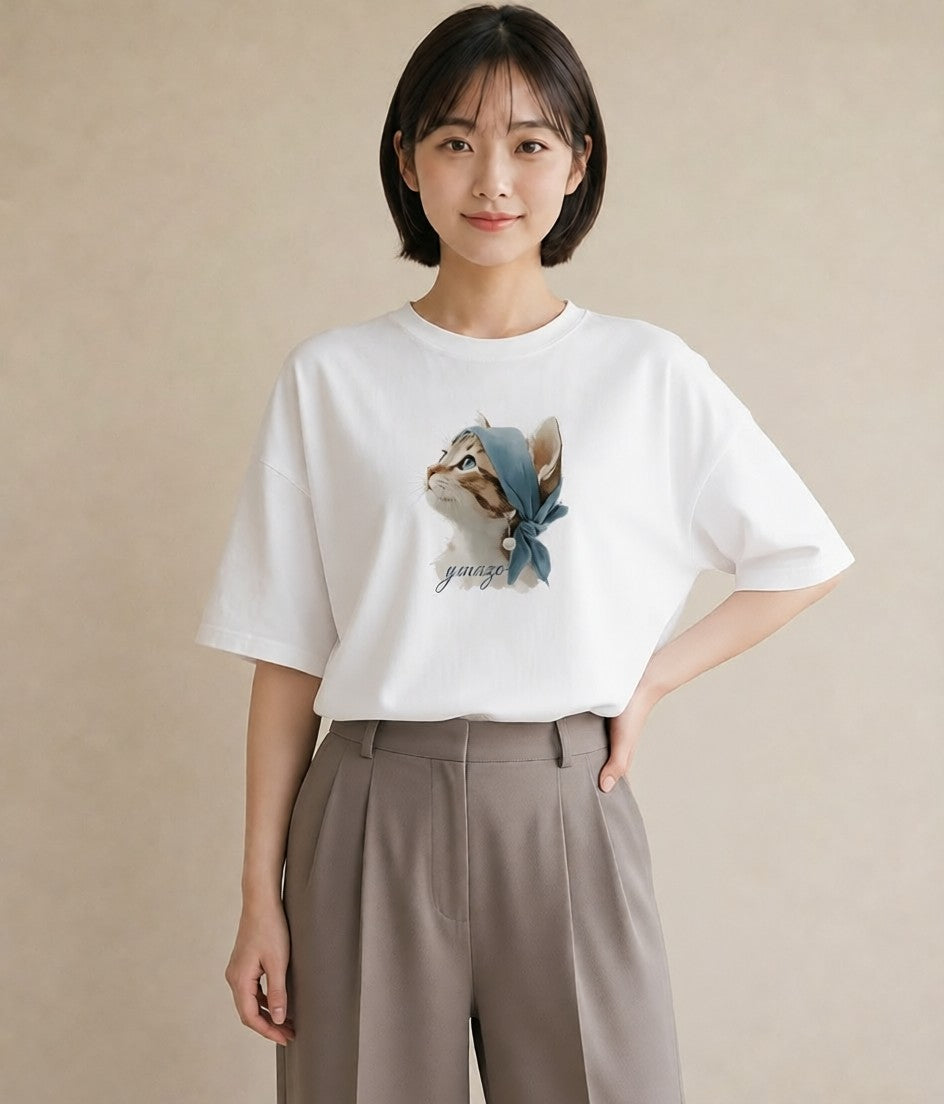 デザインTシャツ レディース 猫好き 猫 ねこ イラスト 旅行コーデ 自分用 ルームウェア 白T