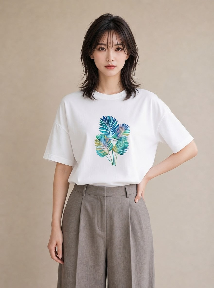 Tシャツ レディース モンステラ 植物 ボタニカル イラスト 韓国風 綿100 デート 白T
