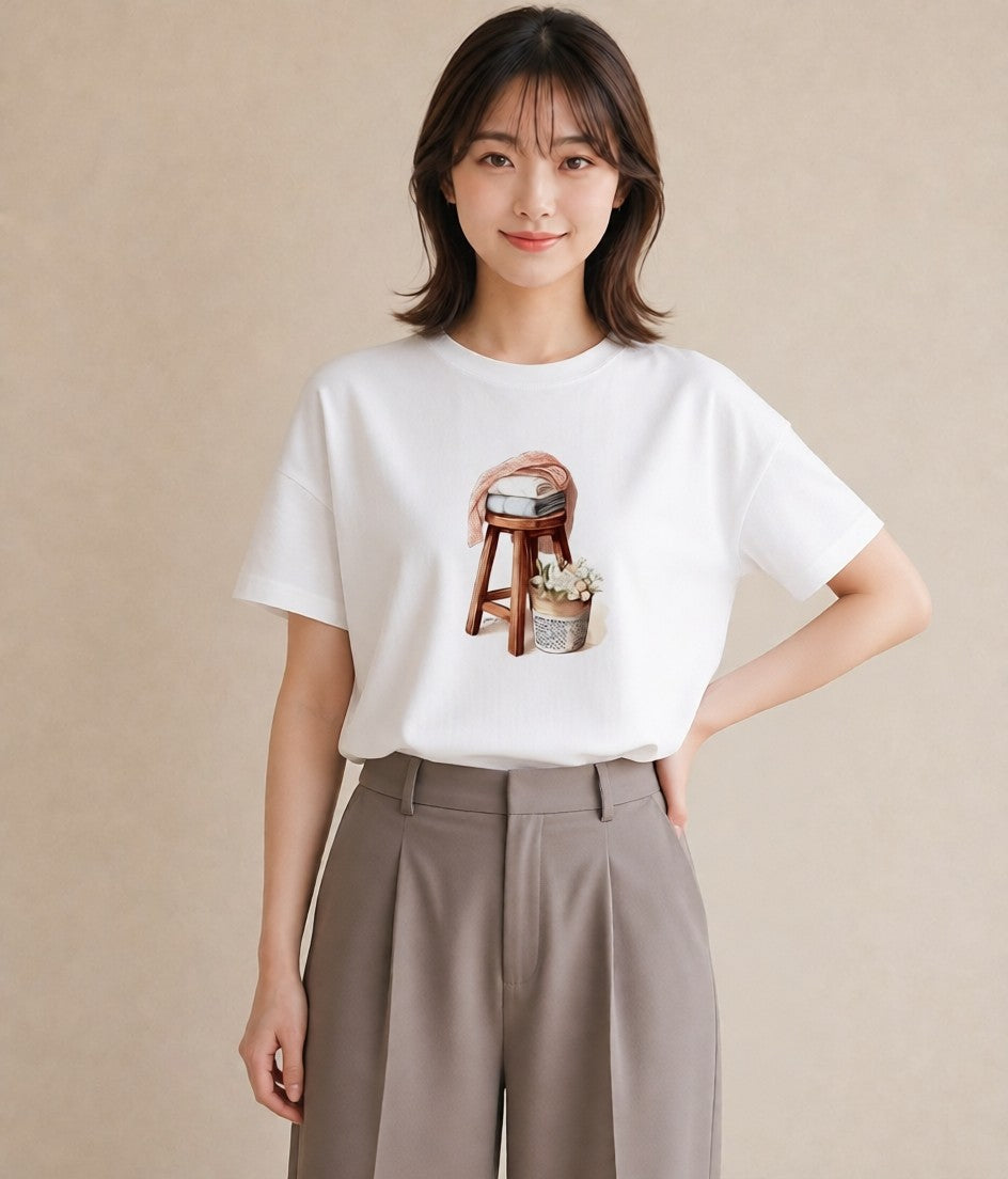 デザインTシャツ レディース 雨上がりのベンチ ベンチ ナチュラル アンティーク イラスト こなれ感 デート 帰省 白T