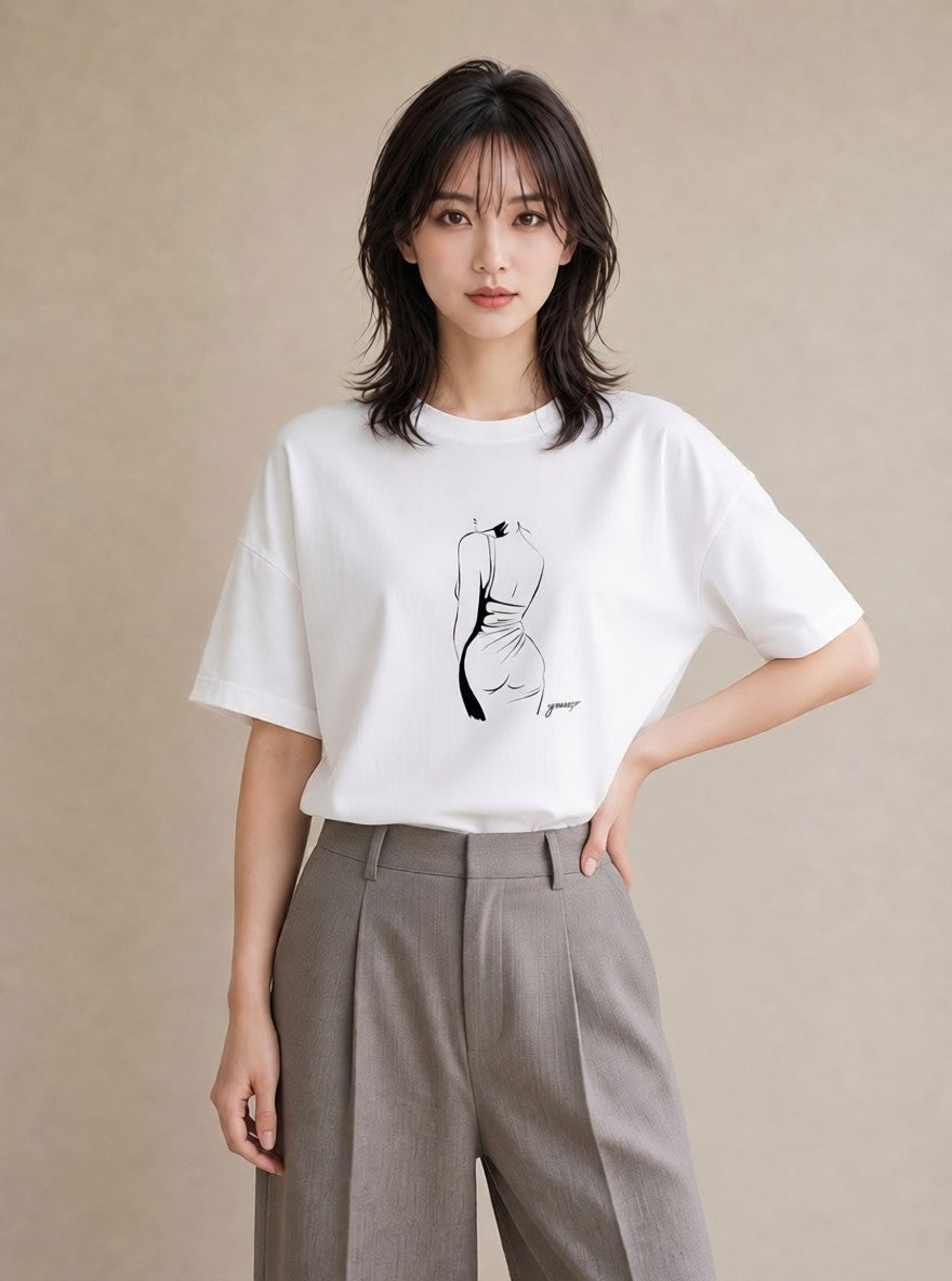 半袖Tシャツ レディース 女の子 ガール 後ろ姿 イラスト 上品 春コーデ 姉妹 白T