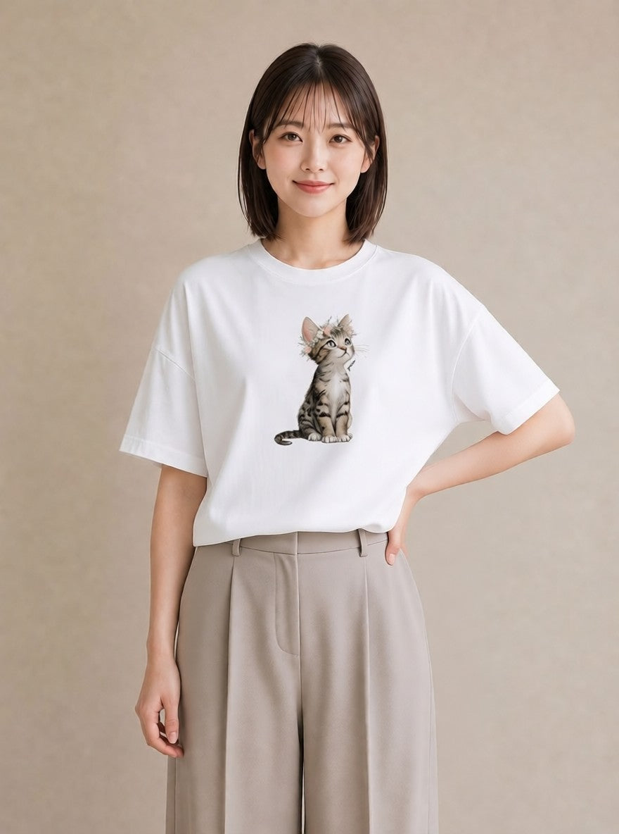 半袖Tシャツ レディース アビシニアン 猫 ねこ イラスト ボタニカル デート 帰省 白T