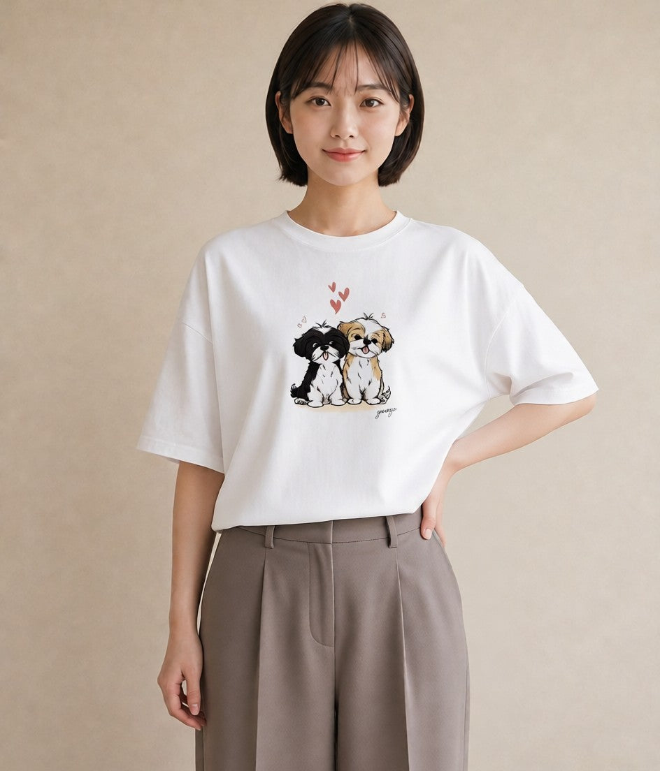 半袖Tシャツ レディース 狆 犬 いぬ イラスト ガーリー 綿100 デート 白T