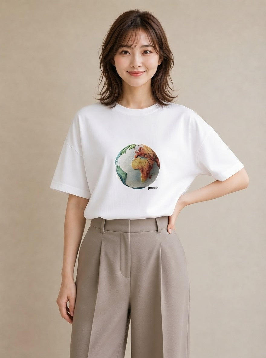 半袖Tシャツ レディース 地球 星空 宇宙 イラスト 北欧風 誕生日プレゼント 綿100 白T