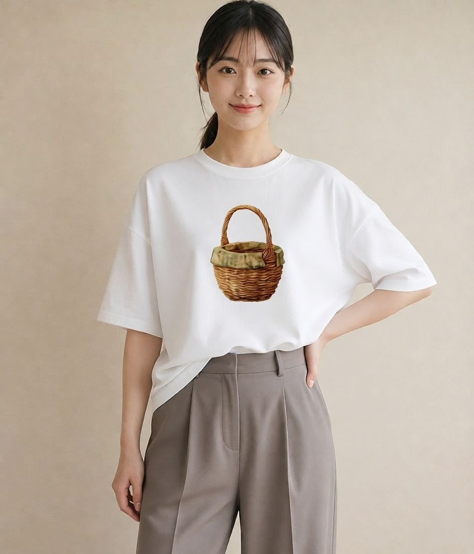 半袖Tシャツ レディース 自転車のかご 自転車 花かご ナチュラル アンティーク イラスト ゆるコーデ カフェ巡り 女子会 白T