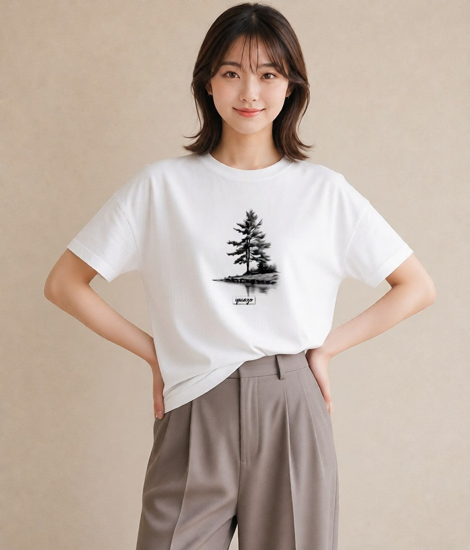 Tシャツ レディース 青の水彩 風景 ブルー ナチュラル アンティーク イラスト 抜け感 春服 ミセス 白T