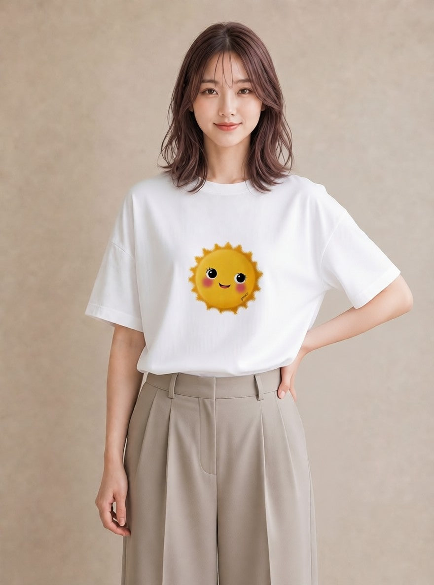 半袖Tシャツ レディース 太陽 星空 宇宙 イラスト 水彩風 普段着 週末コーデ 白T